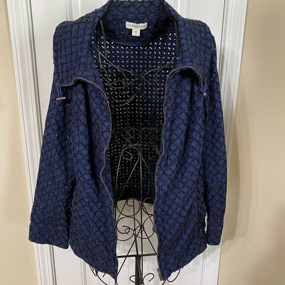 Coldwater Creek Navy Blue Eyelet Jacket Size 16 Zip Front Bomber Style Jacket - Picture 4 of 11